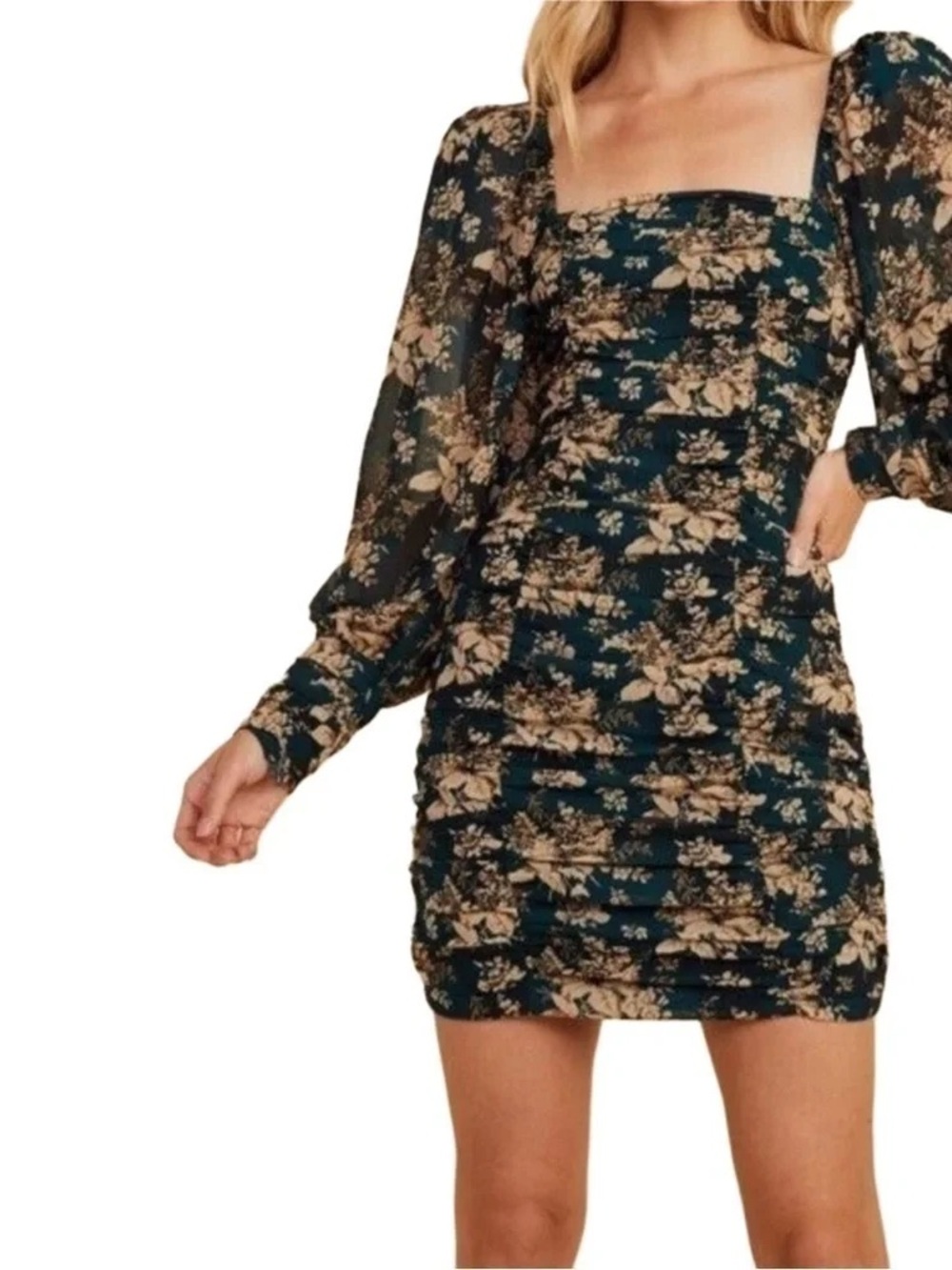 Lush Green Floral Balloon Sleeve Ruched Mini Dress Threads Boutique